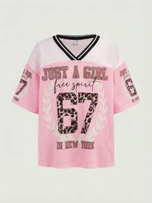 SHEIN 少女休闲街头风 Y2K 豹纹 67 标语拼接网眼 V 领罗纹饰边宽松落肩短袖针织 T 恤，粉色 - 粉色 - 查看 8