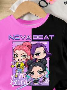 2pcs Young Girls Casual Fashion K-POP Cartoon Girl Pattern Fuchsia And Black Contrast Color Short Sleeve Round Neck T-Shirt And Matching Shorts Set, Comfortable T-Shirt Outfit For Young Girls Daily And Holiday Wear - Multicolor - View 5