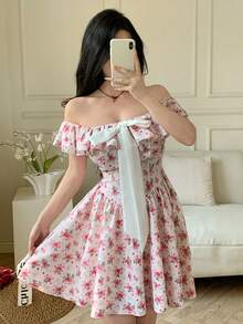 Celisse Women's Elegant Ditsy Floral Off-Shoulder Ruffle Contrast Bow Tie Waist Vacation Dress - Pink - View 6