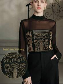 Anewsta Elegant Delicate Embroidered Beaded Mesh Blouse - Black - View 7