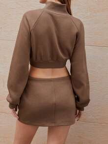 Maija Women's Brown All Season Versatile Modern Warm Raglan Sleeve Turtleneck Sweatshirt With Elastic Waist Skirt 2 Pieces Casual Set Hippie - Brown - View 2