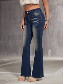 SHEIN BAE Jeans Acampanados Con Efecto Lavado - Azul - Ver 3