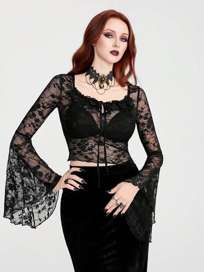 Breakform 女士哥特风性感蕾丝网纱拼接方领荷叶边前系带喇叭袖修身短款上衣