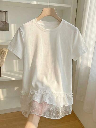 Resyla Lace Trim Crafted Fashionable Minimalist Classic Round Neck T-Shirt, Gift For Friends