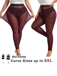 SHEIN CURVE+ 大码女式心形印花薄纱打底裤，适合情人节穿着 - 黑色 - 查看 8