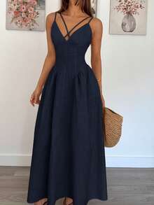 Siren Gaze 女士纯色交叉设计吊带长裙 - 藏蓝色 - 查看 6