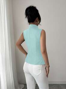 Selianne 复古风格前中心装饰纽扣女式衬衫 - 淺藍色 - 查看 2