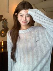 DAZY 女士宽松镂空轻薄金属质感Logo长袖休闲度假针织衫，春秋季 - 藍色 - 查看 3