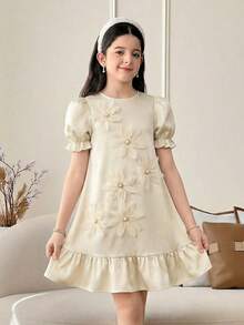 SHEIN 少女纯色泡泡袖3D立体花朵装饰A字连衣裙，香槟色，适合派对、婚礼花童等场合。 - 杏色 - 查看 2