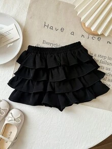 SHEIN 女宝宝夏季可爱度假休闲百搭黑色荷叶边弹力腰迷你裙 - 黑色 - 查看 7