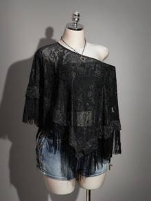 SHEIN ICON 大码女式复古性感优雅个性前卫大胆现代时尚都市新款中式宴会/晚宴网纱提花拼接流苏半透明圆领黑色宽松上衣 - 黑色 - 查看 1