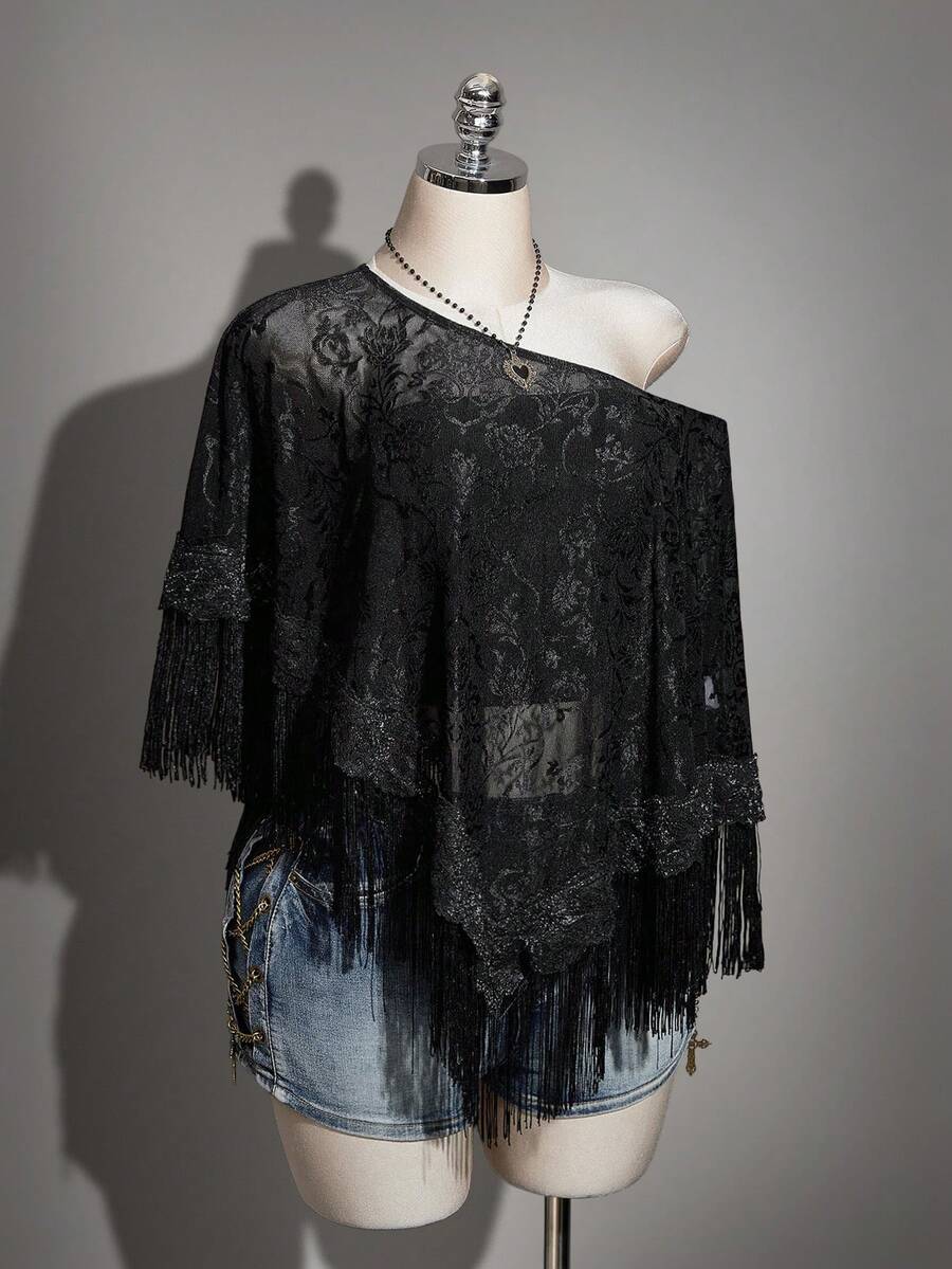 SHEIN ICON 大码女式复古性感优雅个性前卫大胆现代时尚都市新款中式宴会/晚宴网纱提花拼接流苏半透明圆领黑色宽松上衣 - 黑色 - 查看 1