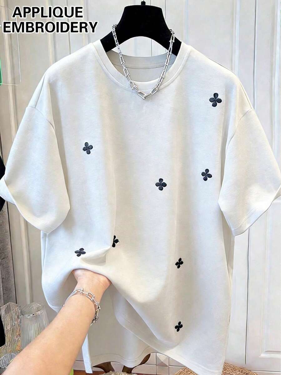 Resyla Áo thun nữ cổ tròn thêu họa tiết - Áo thun cổ tròn dáng thường ngày - Áo thun mỏng nhẹ phù hợp cho mọi mùa. - trắng - Xem 1