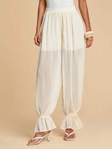 Travachic Women's Casual Apricot Plain Woven Fabric Parachute Long Pants With Ruffle Hem - Apricot - View 4