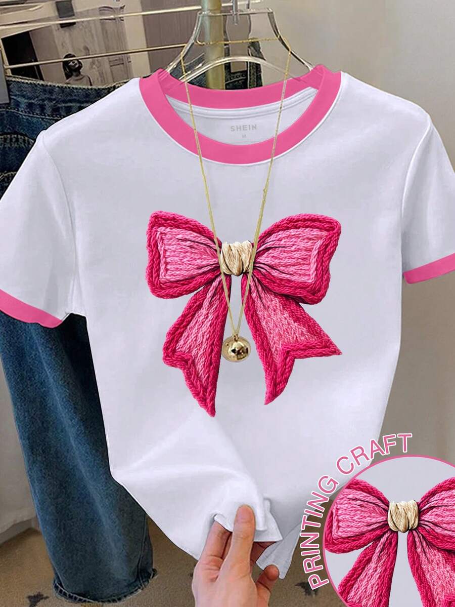 Franclia Women's Bow Print Color Block Round Neck Short Sleeve T-Shirt - White - View 1