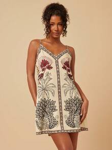 Travachic V-Neck Spaghetti Strap Loose Retro Print Vacation Dress,Tropical Parrot Pattern,Suitable For Summer Outfits,Summer Dresses Women,Beach Casual - Multicolor - View 4
