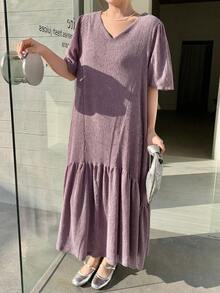 Dazy Plus Purple V-Neck Short Sleeve Loose Casual Long Dress, Spring/Summer - Purple - View 5