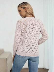 Louniche Rhombus Hollow Out Loose Fit V-Neck Long Sleeve Casual Knit Sweater For Women, Spring/Summer - Camel - View 2