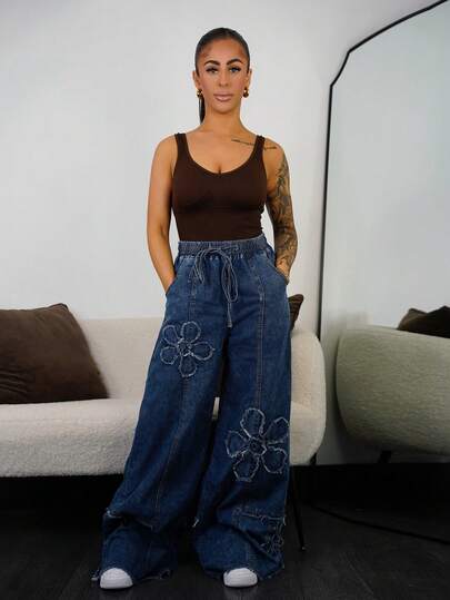 SAYEHFBABY 女士休闲纯色阔腿牛仔裤