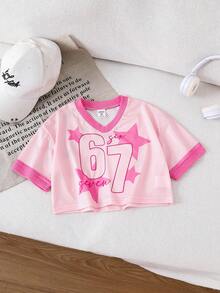 SHEIN Young Girl Knitted Numeric Pattern V-Neck Casual Cropped T-Shirt Girl Summer Set 6t Sets Kids Pink Pink Jersey For Girls Girl Pink 2 Pieces Set Girls Street Wear Sets - Pink - View 4