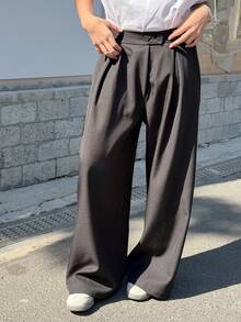 DAZY Tween Girls' Solid Color Waist Button Design Pleated Loose Wide Leg Pants - Black - View 4