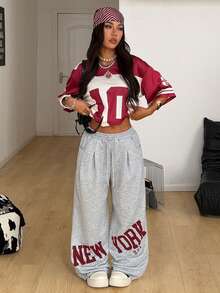 Coolane Summer Outfits Women Concert Outfit Streetwear Y2K Casual Daily Wear Sportswear Grey Gym Graphics Wide Leg Sweatpants - Grey - View 7