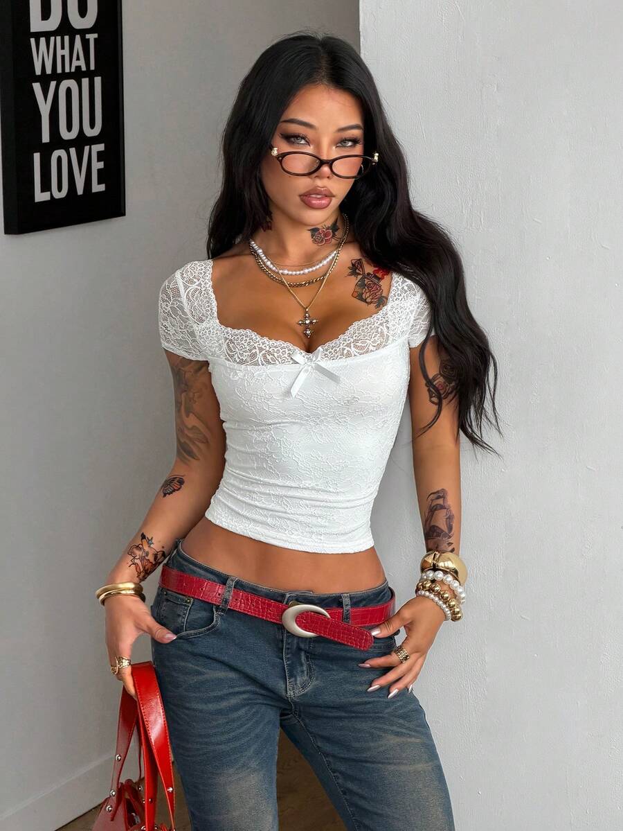 Coolane Women's Spring/Summer Y2K Casual Vacation Outfits Western Wear Lace Stretchy White Slim Fit Square Neck Short Tees - White - View 1