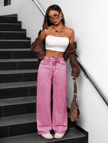 SHEIN PETITE Jeans larges décontractés et amples pour femmes, convenant pour les déplacements quotidiens - Rose bonbon - Voir 5