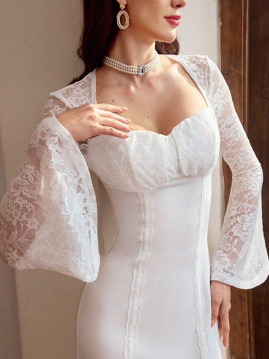 Vintamour Váy hoa trắng thanh lịch phong cách vintage cho nữ, phối ren patchwork, viền bèo nhún, dáng ôm bodycon, trang phục dự tiệc cưới, tiệc cưới, mùa hè, mùa xuân, kỳ nghỉ - trắng - Xem 1