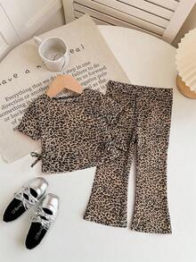 SHEIN Baby Girl Cute Casual Leopard Print Short Sleeve Top And Flare Pants Set - Multicolor - View 1