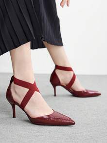 CUCCOO BIZCHIC Sapato de salto alto minimalista, de cor sólida, com bico fino, para uso casual ou no escritório. - Borgonha - Ver 5