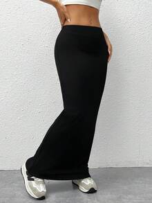 SHEIN Tall CURVE Plus Size Women Casual Solid Color Long Skirt - Black - View 4
