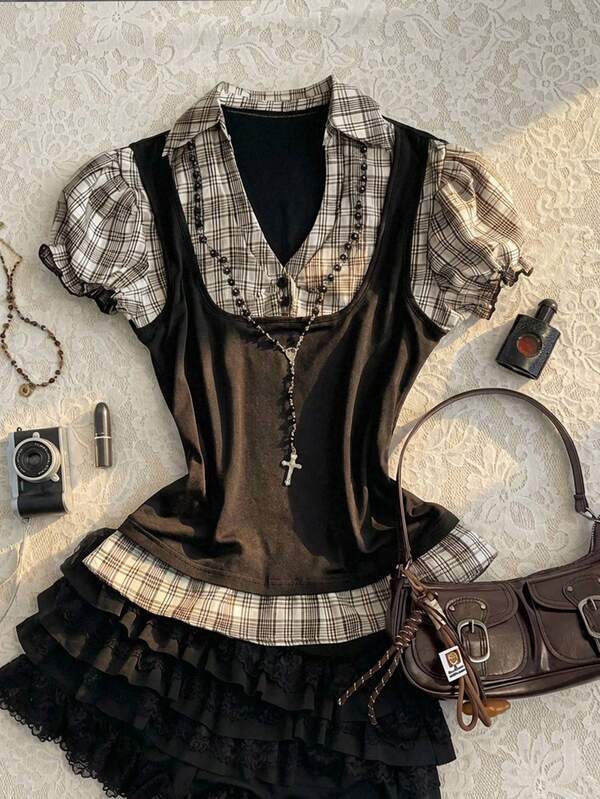 Attitoon Casual Retro Punk Y2K, Valentine's Day Music Festival Western Gothic, 2 In 1 Plaid Patchwork Puff Sleeve Collared Fitted Women Shirt, Suitable For Summer Outings