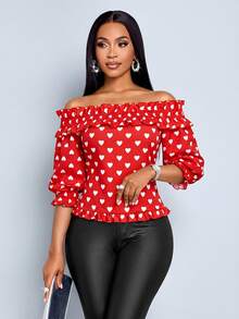 SOLERSUN Women's Elegant Off-Shoulder Ruffle Trim 3/4 Sleeve Blouse With Heart Design, Suitable For Casual Wear, Valentine's Day - Red - View 6