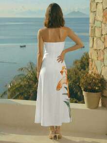 CAJUNI 女士夏季度假大橙色百合花印花优雅长裙 - 奶油色 - 查看 2