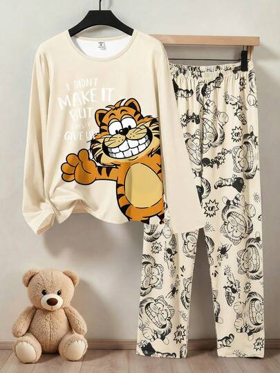 Conjunto de pijama casual de 2 piezas con top de manga larga y pantalones en tela de punto suave y cómoda con estampado de tigre en color albaricoque para niños