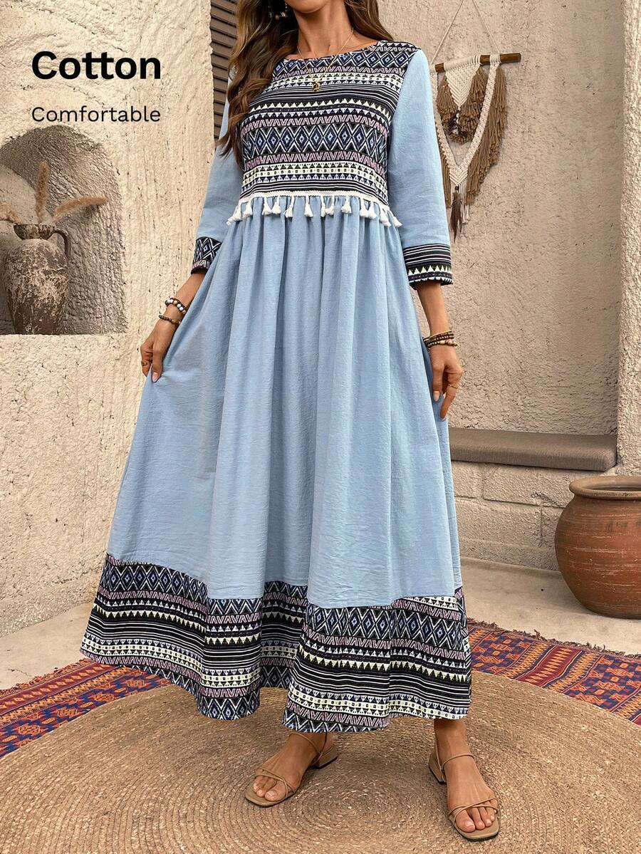 EMERY ROSE 女士几何印花流苏腰身连衣裙，时尚度假之选 - 灰藍色 - 查看 1