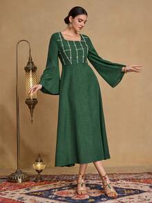 SHEIN Najma Fashionable New Heavy Embroidered Modest Arabic Style Dress For Women - Army Green - View 6
