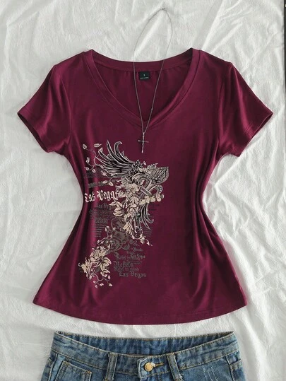 StreetHx Women's Summer V-Neck Slim Fit T-Shirt With Vintage Cross Floral Punk Subculture Anime Print, Burgundy Short Sleeve V-Neck