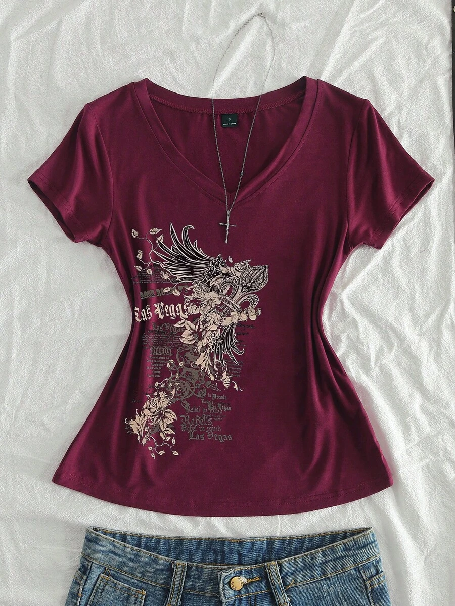 StreetHx 女士夏季V领修身T恤，复古十字花卉朋克亚文化动漫印花，酒红色短袖V领 - 酒紅色 - 查看 1
