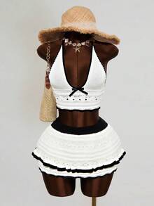 Mistrie 2pcs/Set Women V-Neck Fitted Wavy Pattern Knit Top + Wavy Pattern Ruffle Hem Short Knit Skirt - Black and White - View 3