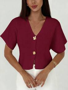 Aloruh 女士金属单排扣短袖休闲薄款开衫 - 酒紅色 - 查看 4