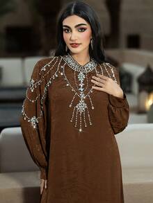 Layrah Coffee Color Jacquard Embroidered Rhinestone Embellished Long Sleeve Arabic Style Dress Luxury Dress For Women  Modest Full Length Jalabiya, Casual Long Sleeve Maxi Dress - Coffee Brown - View 4