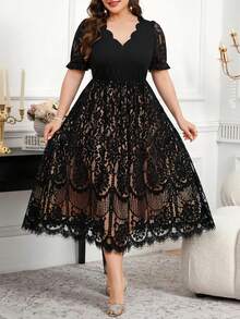 Reflora Vestido elegante de manga corta con escote en V, encaje y volantes en la cintura para mujer de talla grande - Negro - Ver 2