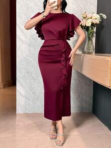 Feyla Women's Solid Color Round Neck Ruffle Hem Elegant Short Sleeve Midi Dress - Burgundy - View 6