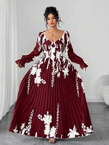 SHEIN Elenzya 大码女装时尚定位印花水钻领长袖连衣裙 - 酒紅色 - 查看 7