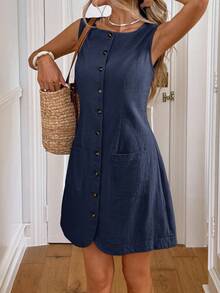 Easowa 女士休闲纽扣口袋迷你连衣裙 - 藍色 - 查看 4