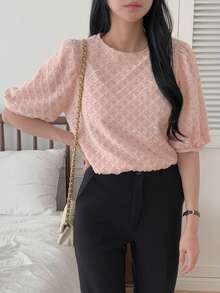 DAZY Women's Plaid Textured Round Neck Pullover Puff Sleeve Elegant Blouse, Suitable For Spring And Autumn - Pink - View 5