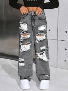 SHEIN Jeans rectos anchos y rasgados con efecto desgastado estilo callejero de Y2K para niñas preadolescentes, ropa y conjuntos de otoño para niñas - Lavado ligero - Ver 5