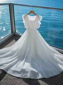 GlowEve Women's Solid Color Chiffon Flared Waist Elegant Flowy Vacation Dress - White - View 3